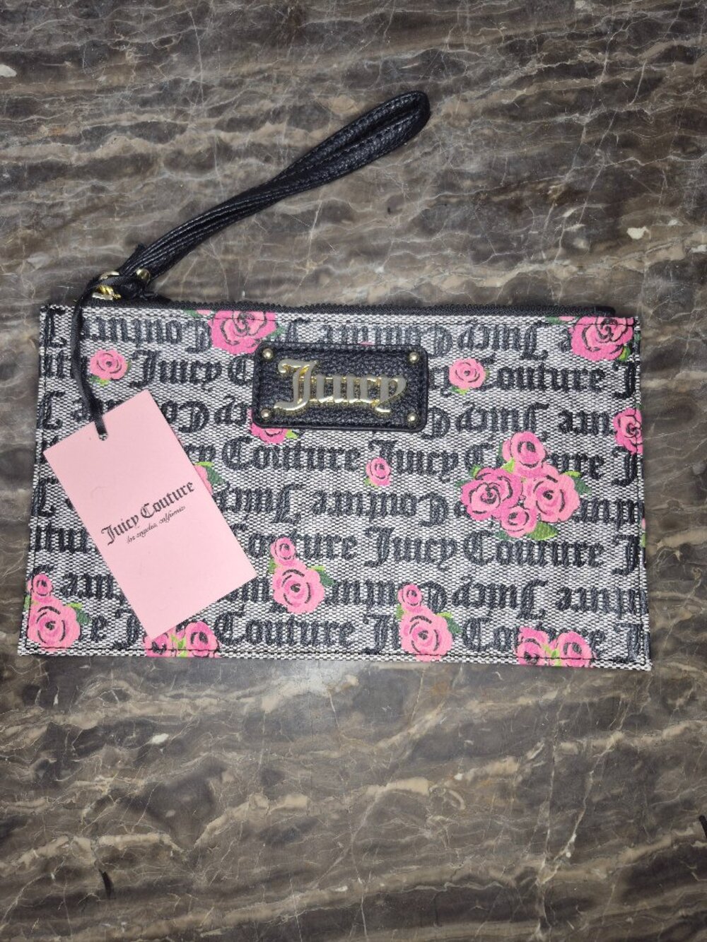 NWT Juicy Couture Pink Bloom Black  Forget Furget Me Not WRISTLET Faux Leather